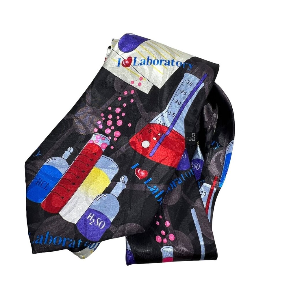 Steve Harris Necktie OS I Love Laboratory Science Black Blue Polyester Handmade